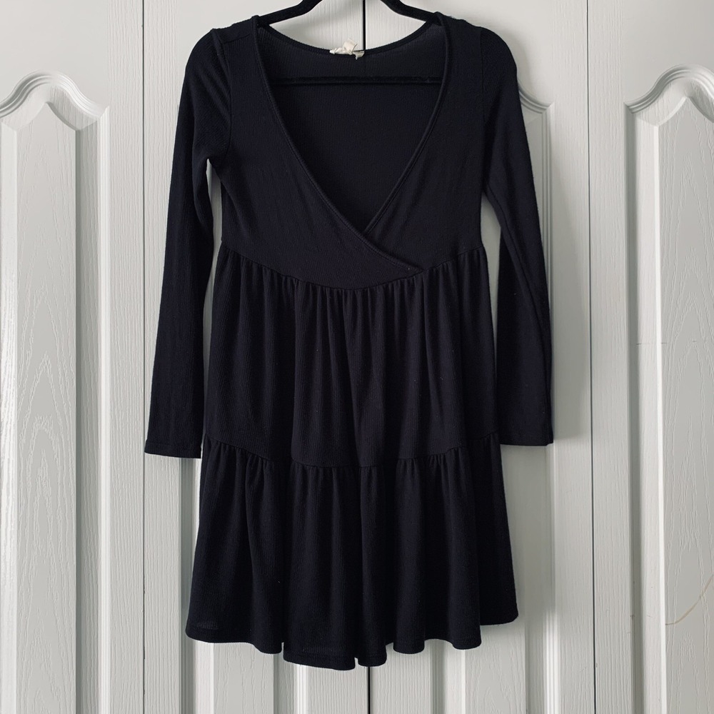 See You Monday Dress‎ S Black Mini Long Sleeve Tiered Boho Peasant Cottagecore